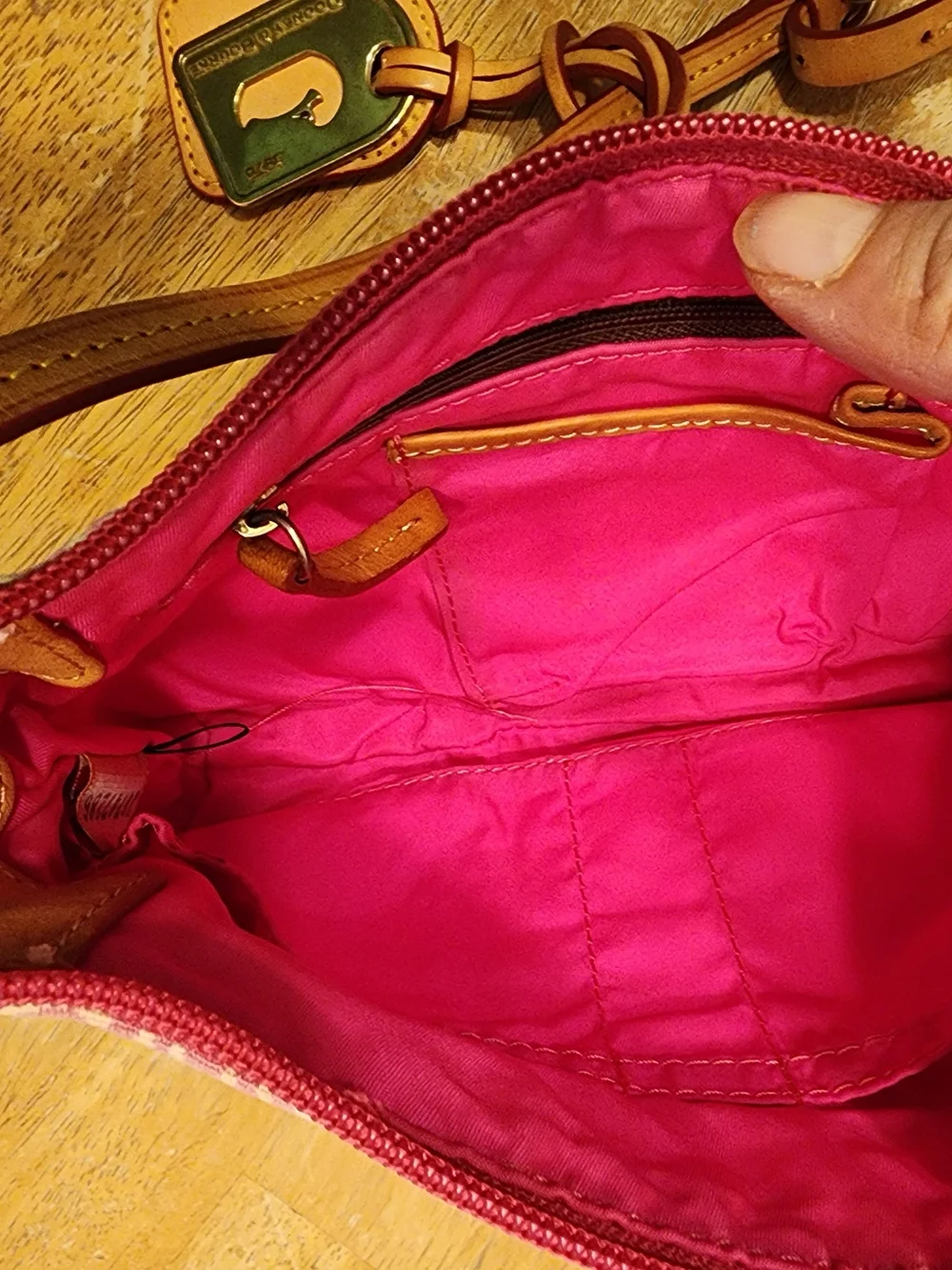 Dooney & Bourke pink doodle swirl canvas mini shoulder bag featuring tan leather